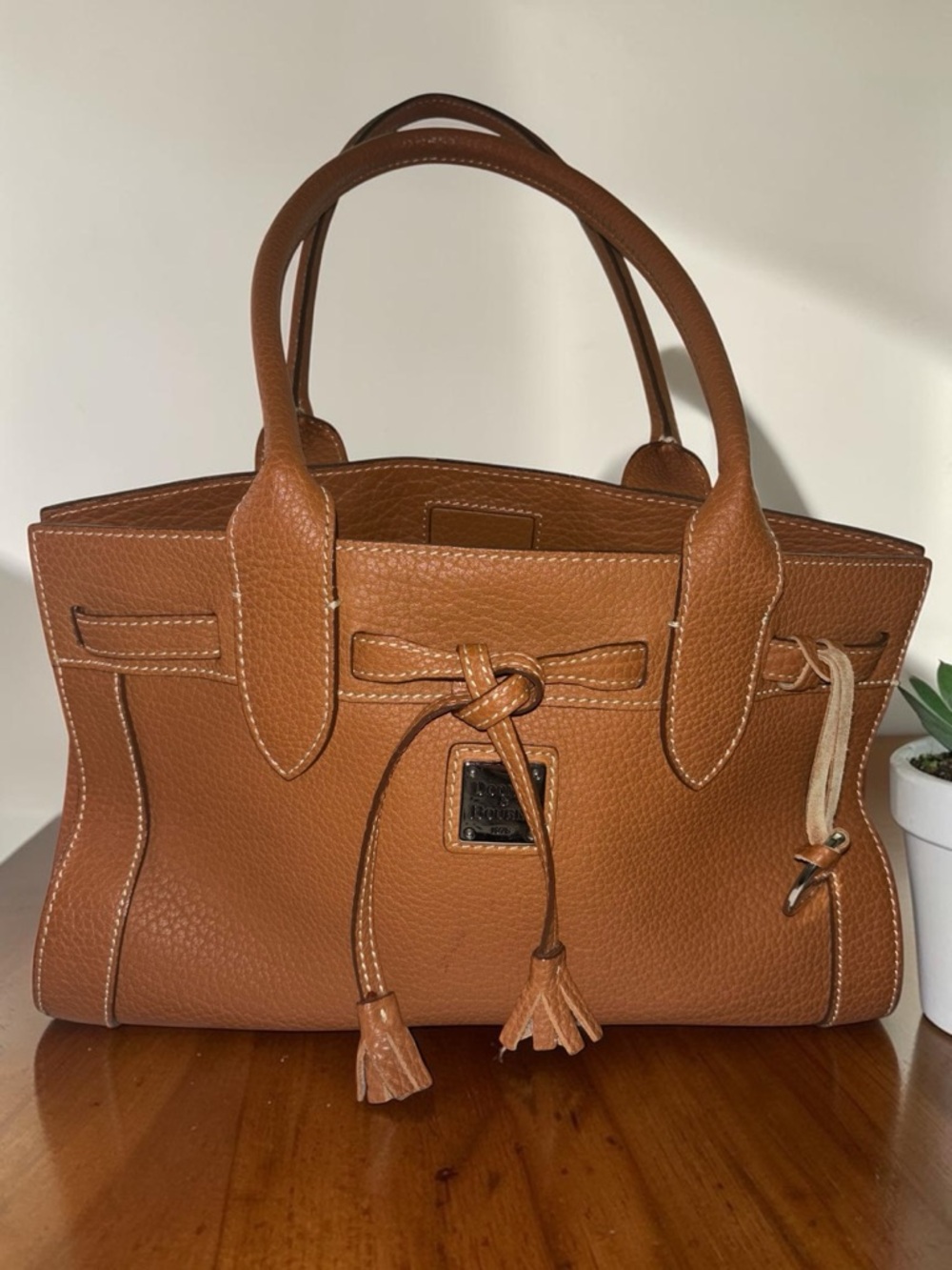 Dooney & Bourke Florentine Leather Satchel Tan Top Handle Tassel Paisley EUC